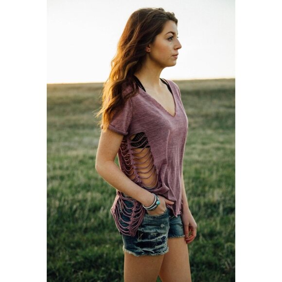 Gimmicks Tops - Gimmicks Exclusive Washed Mauve Raw Hem V-Neck Side Cutouts & Strappy Back Top